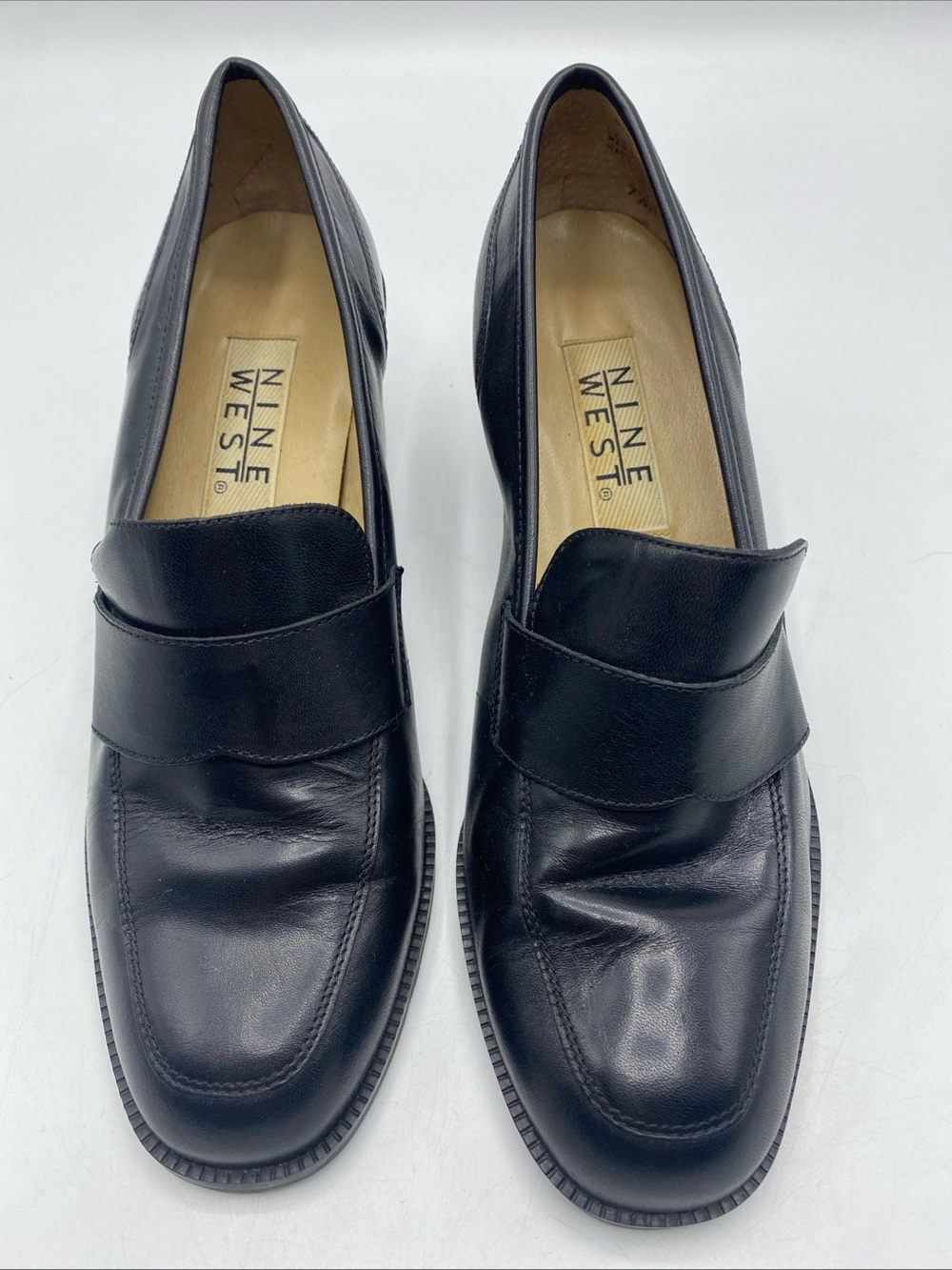 Vintage Womens Black Leather Heeled Loafers 7.5 Nine West Preppy Y2K